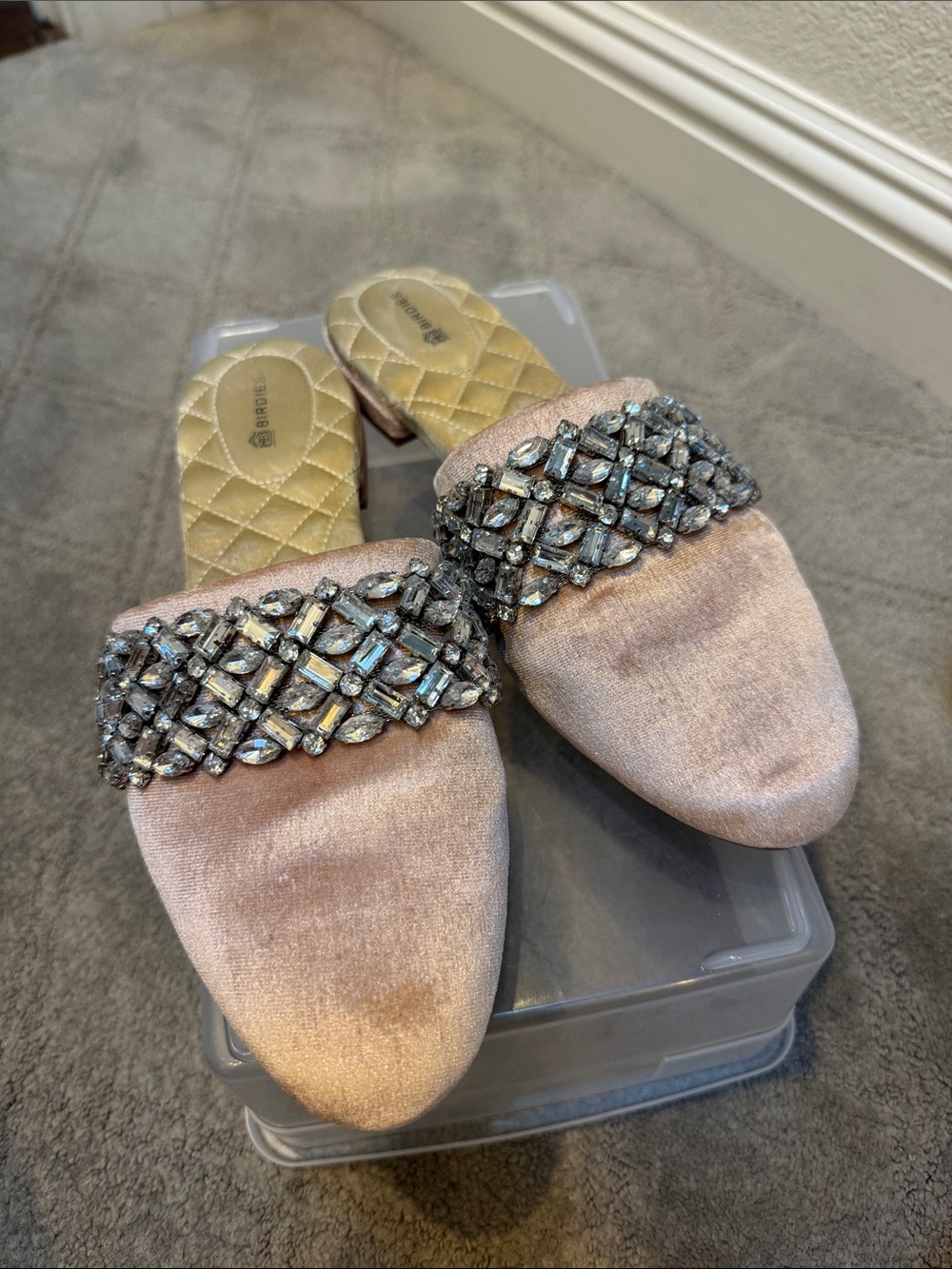 Birdies Bridal Beaded Velvet Slip-On Mules in Blush